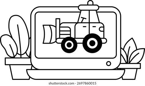 Um desenho preto e branco de um trator com um arado sobre ele. O trator está em uma tela de computador