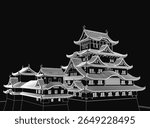 A black and white drawing of a traditional Japanese pagoda with intricate architectural details stands tall against a stark black background. The clean lines and high contrast emphasize the elegant.