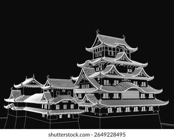 A black and white drawing of a traditional Japanese pagoda with intricate architectural details stands tall against a stark black background. The clean lines and high contrast emphasize the elegant.
