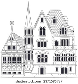 Black and white drawing of a traditional old half-timbered and stone German house.