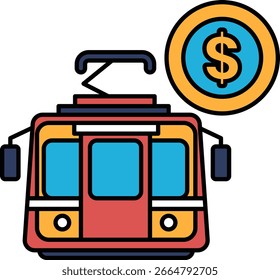 A black and white drawing of a train with a dollar sign on it. The dollar sign is placed above the train and is surrounded by a circle