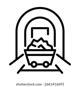 A black and white drawing of a train with a large black and white coal car. The coal car is in the middle of the train. Editable Stroke.
