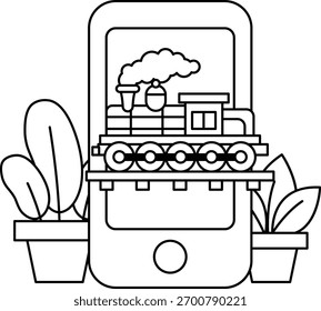 Un dibujo en blanco y negro de un tren en un teléfono celular. El tren está rodeado de plantas y una planta en maceta