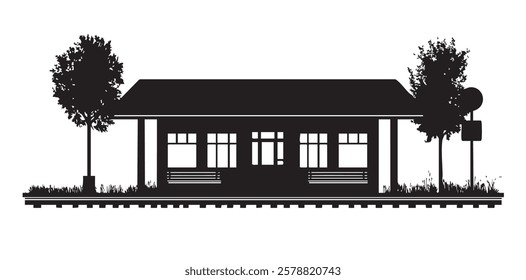 A black and white drawing of a train station with a bench and a tree