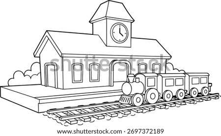 A black and white drawing of a train station with a train on the tracks in front of it
