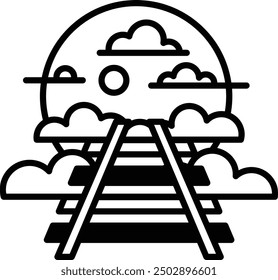 A black and white drawing of a train track with a moon in the sky. The train tracks are shown as a series of steps, and the moon is positioned above the tracks