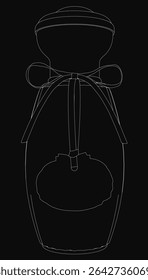 A black and white drawing of a transparent glass perfume bottle with a lid and handle, tied with an elegant ribbon, revealing the contents inside. The minimalist design highlights the bottle's.