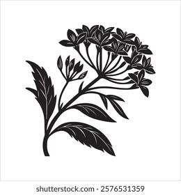 A black and white drawing of a tree with flowers and grass