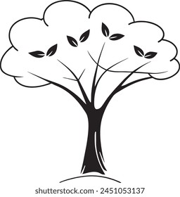 a black and white drawing of a tree with leaves and a white background