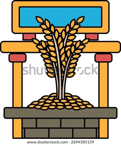 A black and white drawing of a tree with leaves and a pile of coins. The tree is surrounded by a stone structure, and the coins are scattered around it. Concept of abundance and prosperity
