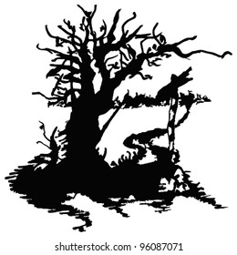 A black and white drawing with tree and road sign.