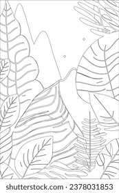 black and white drawing of tropical plants, lineart inspired line art colouring page, plants and jungle, tropical forest, vector, flat template