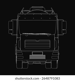 A black and white drawing of a truck with clean white outlines stands out sharply against a dark background. The minimalist design highlights the vehicle's structure, resembling a tank or utility.