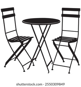 a black and white drawing of two chairs and a table with a table and chairs.