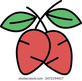 A black and white drawing of two cherries with leaves. The cherries are shown in a close up and the leaves are shown in a more distant view. The drawing conveys a sense of freshness and natural beauty