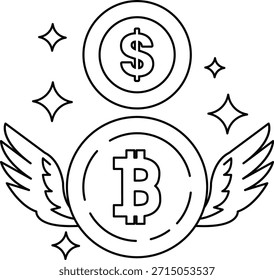 Eine schwarz-weiße Zeichnung von zwei Münzen, von denen eine ein Dollar und die andere eine Bitcoin ist. Die Münzen sind von Flügeln umgeben, die den Eindruck eines Vogels vermitteln. Die Zeichnung vermittelt die Idee des Reichtums