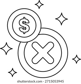 A black and white drawing of two coins, one of which is a dollar and the other is an X. The X is placed in the middle of the two coins, and the dollar coin is on the left