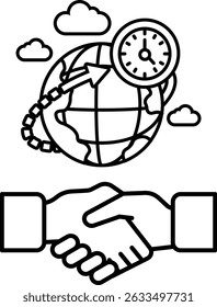 Um desenho em preto e branco de duas mãos tremendo com um relógio ao fundo. O relógio está definido para 12:00