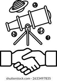 A black and white drawing of two hands shaking with a telescope in the background. The telescope is on a tripod and is surrounded by many small balls. Concept of collaboration and exploration