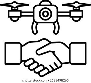 A black and white drawing of two hands shaking with a drone in the background. Concept of collaboration and partnership between two parties