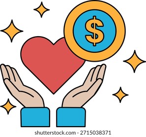 Eine schwarz-weiße Zeichnung von zwei Händen, die ein Herz und ein Dollarzeichen halten. Konzept des Gebens und Empfangens und Konzept der Liebe und des Geldes. Die Szene ist positiv und erhebend