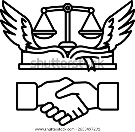 A black and white drawing of two hands shaking with a scale and wings above them. The scale represents justice and the wings represent freedom. Concept of a fair and just agreement between two parties