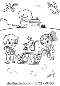 Black And White Drawing Of Two Kids Gardening. Coloring Page For Kids. Vector Illustration.