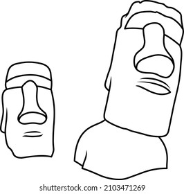 Black and white drawing of two Moai heads. Cartoon style. Outline.