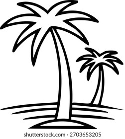 Dibujo en blanco y negro de dos palmeras. Los árboles están de pie en una playa de arena
