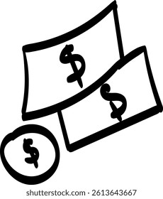 Black and white drawing of two paper bills and one coin, each marked with a dollar sign. Simple financial illustration suitable for banking, economy, and money-related concepts.  