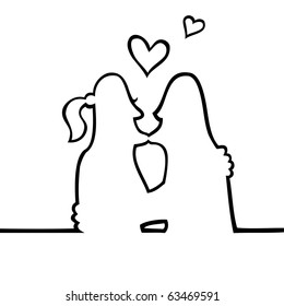 Black and white drawing of two people kissing intimately, with hearts floating above their  heads.