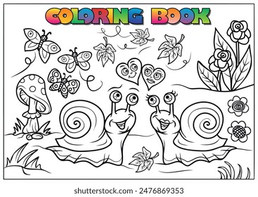 Dibujo en blanco y negro de dos caracoles enamorados, rodeados de naturaleza, para una actividad de coloración.