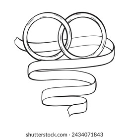 a black and white drawing of two wedding rings and a ribbon
