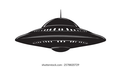 A black and white drawing of a UFO flying in the sky