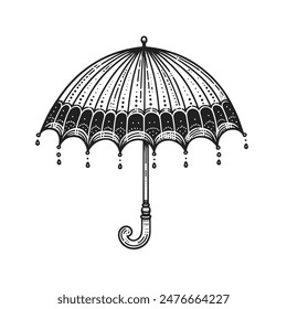 A black and white drawing of an umbrella with raindrops falling from it