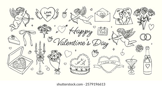 A black and white drawing of Valentine's Day with many different symbols and images. The drawing is of a woman and a man holding hands, and there are many other symbols of love and romance