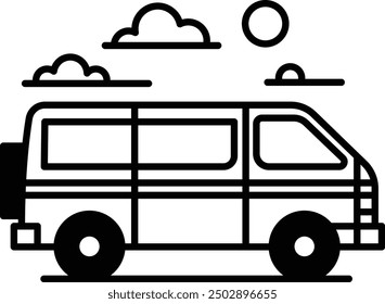 A black and white drawing of a van with a sun in the background. The van is parked on a road and has a sunroof