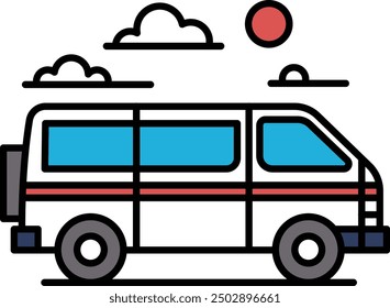 A black and white drawing of a van with a sun in the background. The van is parked on a road and has a sunroof