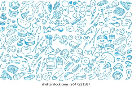 a black and white drawing of a variety of food items