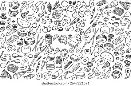 a black and white drawing of a variety of food items