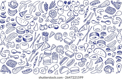 a black and white drawing of a variety of food items