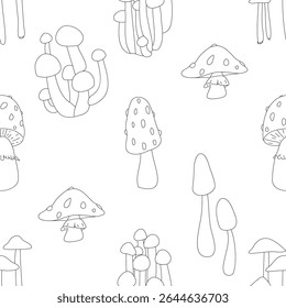 A black and white drawing of various mushrooms. Doodle seamless pattern with toadstool and fly agaric.