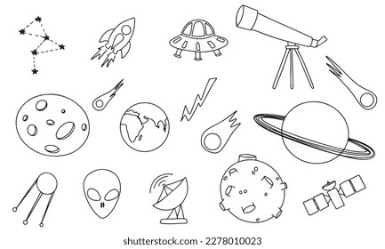 Eine schwarz-weiße Zeichnung verschiedener Planeten und ein Teleskop. Dodor-Vektorgrafik von Weltraumelementen