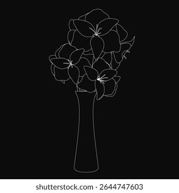 Um desenho preto e branco de um vaso cheio de flores destaca-se contra um fundo escuro. O vaso é delineado em branco, criando um contraste impressionante com os delicados detalhes florais.