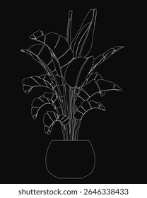 Um desenho preto e branco de um vaso cheio de folhas tropicais intrinsecamente detalhadas destaca-se contra um fundo escuro. O vaso minimalista contrasta lindamente com a exuberante folhagem