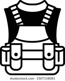 A black and white drawing of a vest with pockets. The vest is designed to hold items and is meant to be worn by someone who is going on a trip or going to work