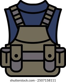 A black and white drawing of a vest with pockets. The vest is designed to hold items and is meant to be worn by someone who is going on a trip or going to work