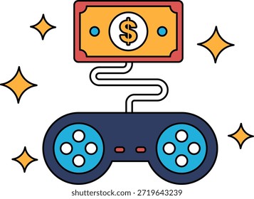 Video Un dibujo en blanco y negro de un controlador de juego con un billete de un dólar adjunto. El controlador está rodeado por una cadena, y el billete de dólar está unido al cable del controlador