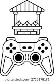 A black and white drawing of a video game controller with a house and a fruit stand in the background