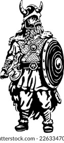 Black and white drawing of a viking warrior. fantasy character. epic illustration. Vector image.